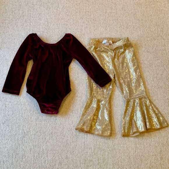 Bailey’s Blossoms Christmas Holiday Outfit Baby Size 9-12 Month Gold Bellbottoms - Picture 4 of 4
